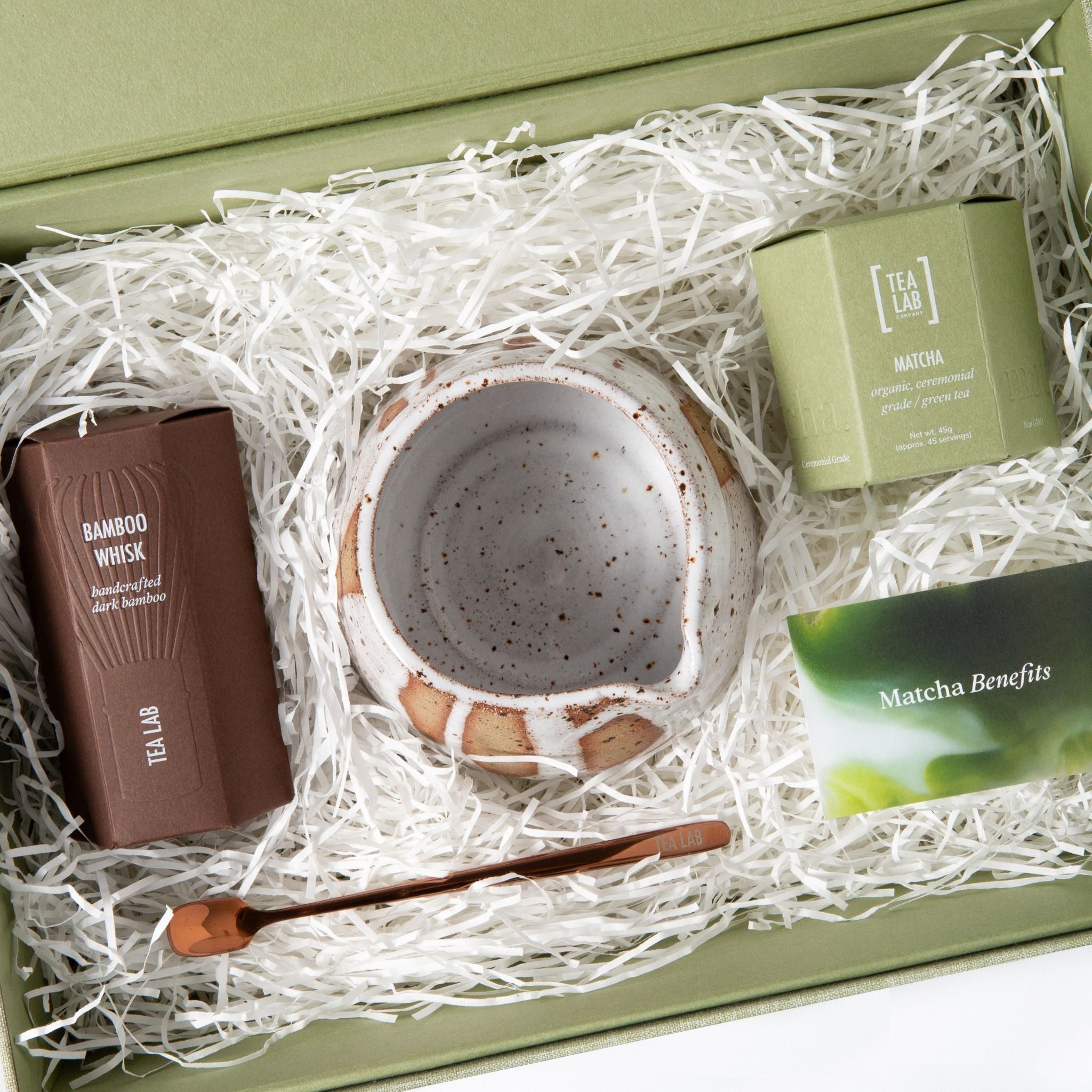 Tea Lab complete matcha gift set featuring whisk, matcha, scoop, and ceramic bowl.