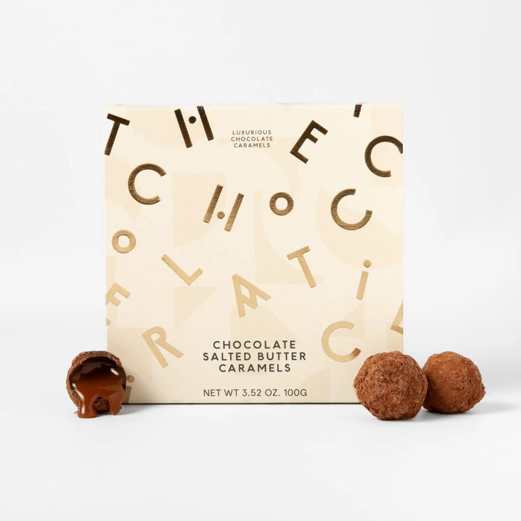 Luxury chocolate salted butter caramels by The Chocolatier, featuring a creamy caramel centre coated in rich chocolate, available at Tea Lab Pantry.