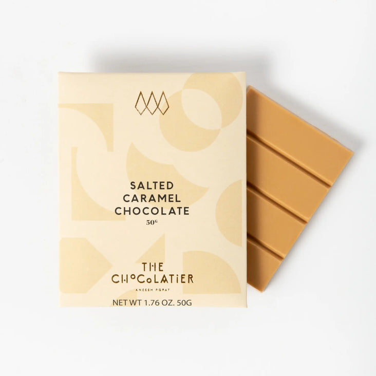 Handcrafted salted caramel chocolate bar by The Chocolatier, 50g artisan chocolate available at Tea Lab