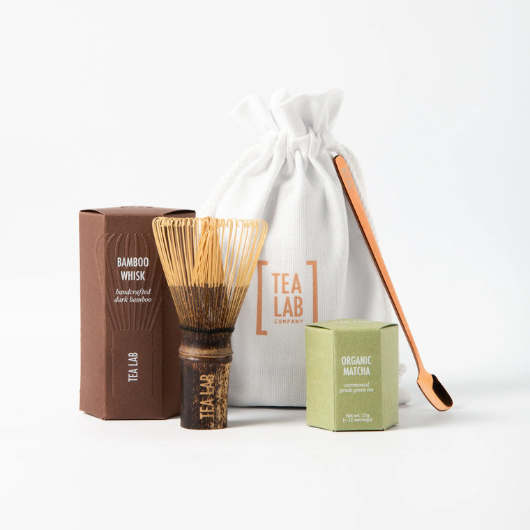 Tea Lab Matcha Starter Kit with organic ceremonial matcha, dark bamboo whisk, and copper spatula — ideal for beginners or gifting.