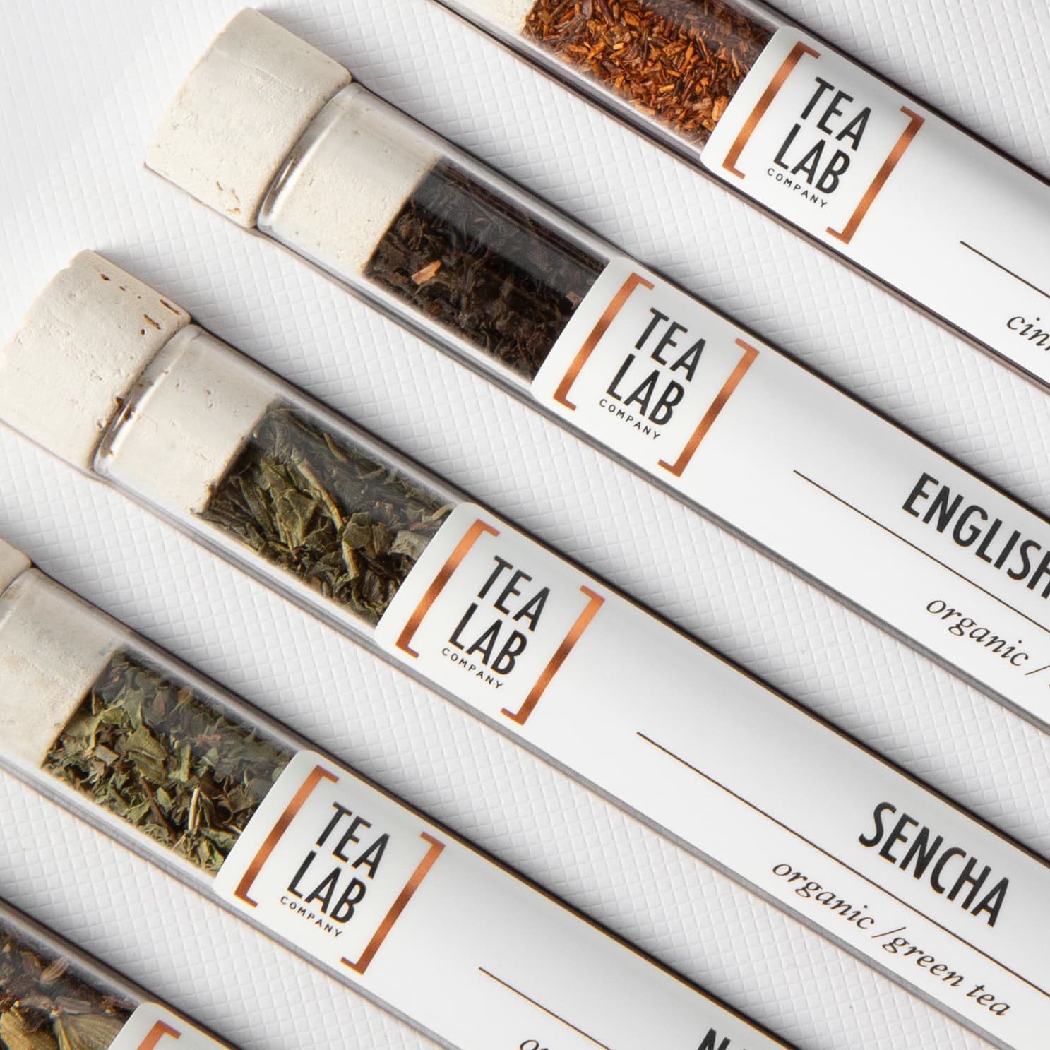 Tea Lab Tea Test Tube Gift Set featuring organic loose leaf teas in glass tubes with cork tops