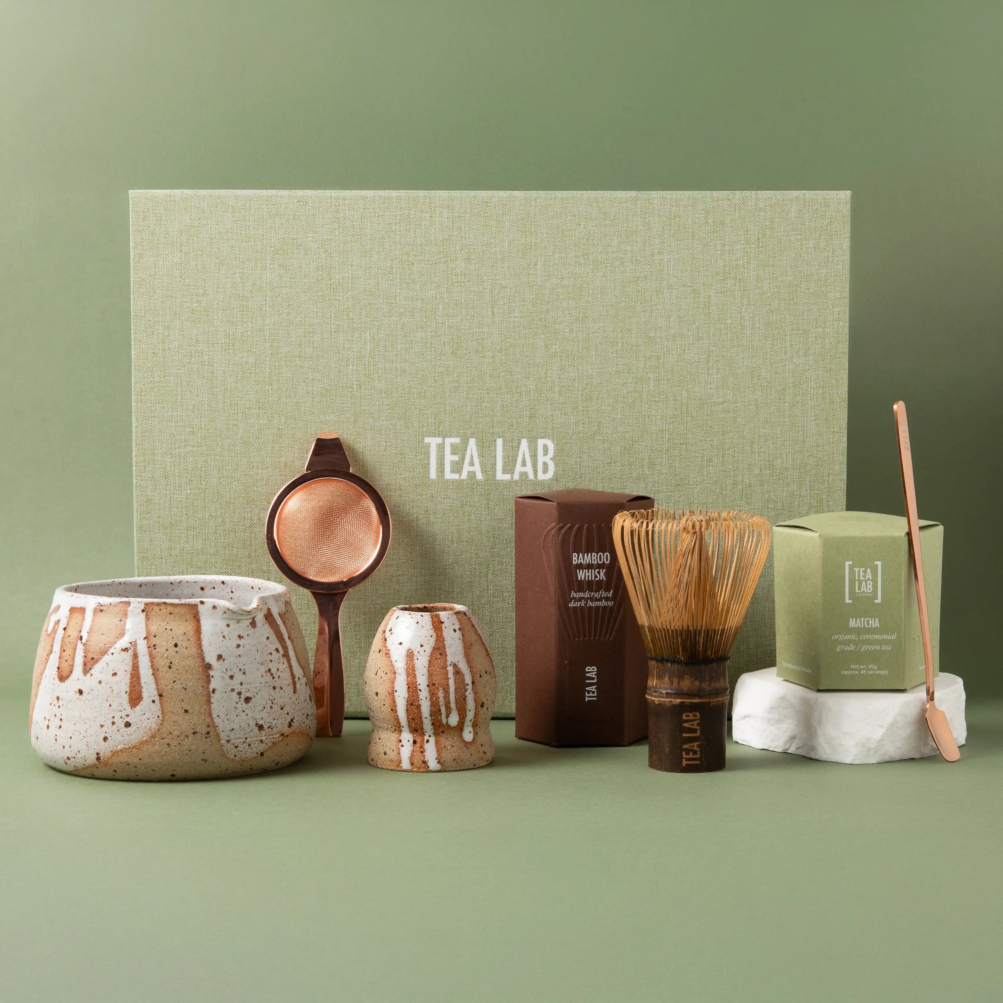 Matcha gift set with ceremonial matcha green tea, bowl, whisk, holder, measured scoop and strainer