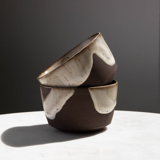 Handmade ceramic dark drip reactive glaze cups for lattes