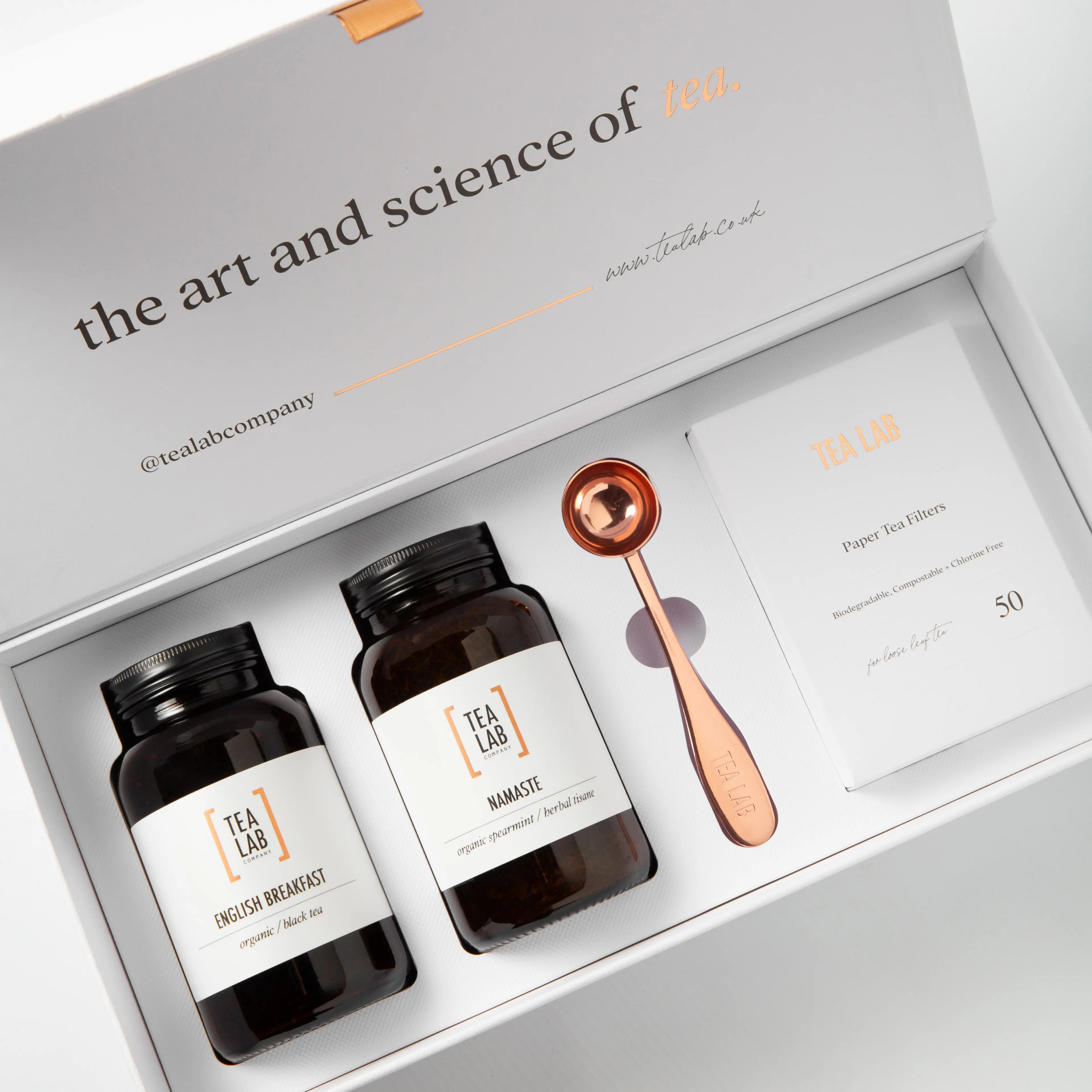 Double jar gift set of loose leaf tea with copper measuring scoop and 50 eco fillable tea bags